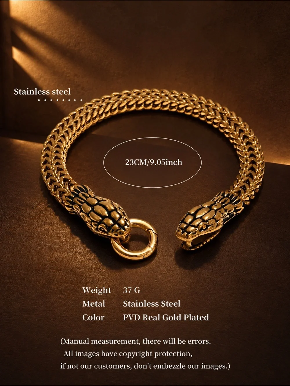 Unisex 18 K gold plated snake head Bracelet